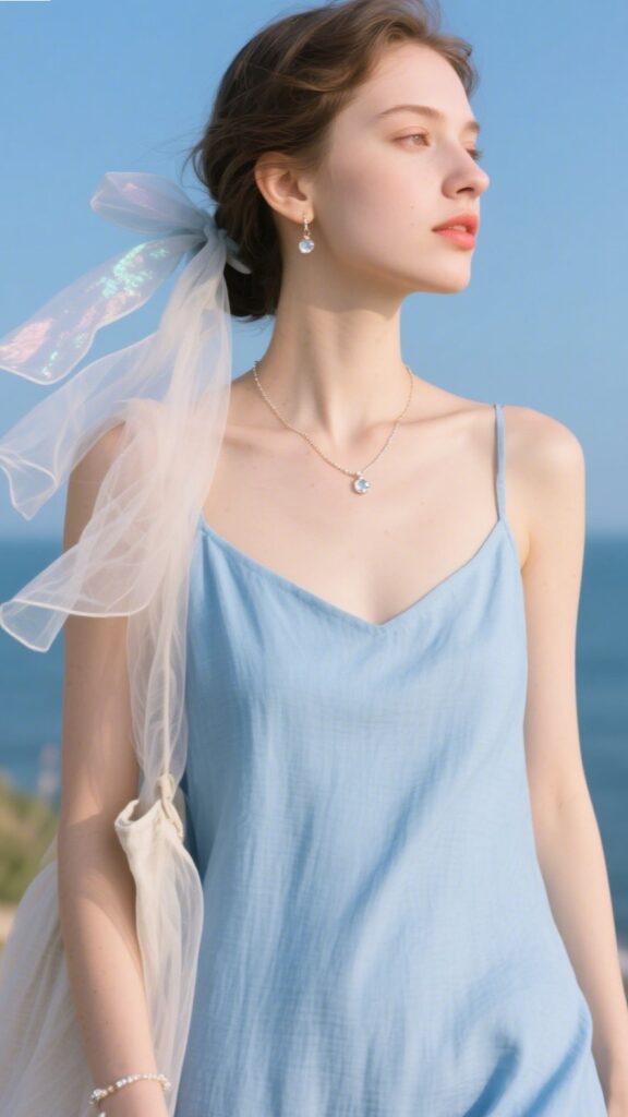 7. Sky Blue Linen Slip + Minimal Jewelry + Tulle Scarf 🎐🦋💎