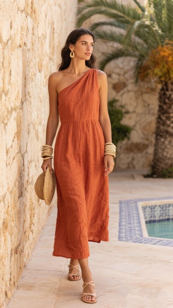 6. Terracotta One-Shoulder Linen Dress + Bare Sandals + Straw Bangles 🍂🍑🧡