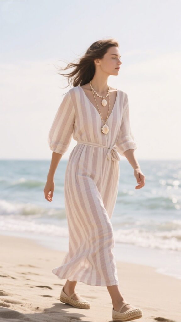3. Striped Linen Maxi + Shell Necklace + Windswept Hair 🐚📷🩵
