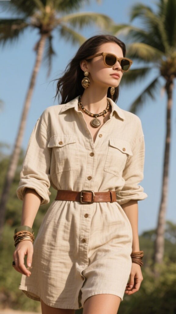 9. Neutral Linen Shirt Dress + Belt + Oversized Sunglasses 🕶️🤎🧭