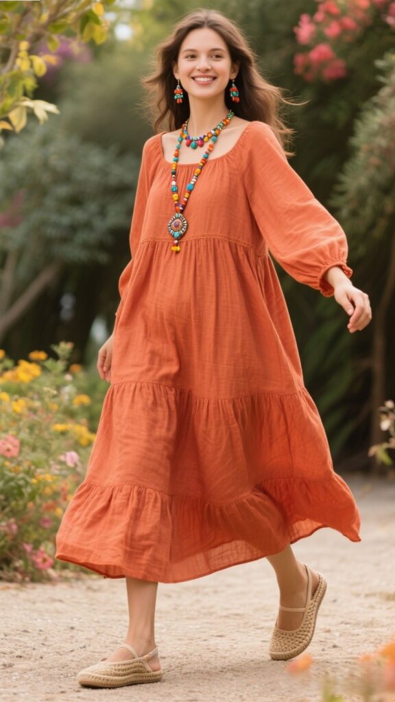 6. Terracotta Linen Smock Dress + Beaded Jewelry + Espadrilles 🌺📿🥿