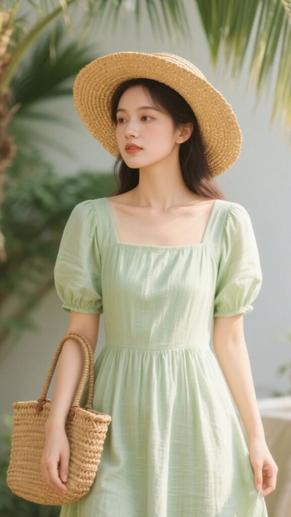 4. Sage Green Puff Sleeve Linen Dress + Raffia Hat + Basket Bag 🧺🌿👒