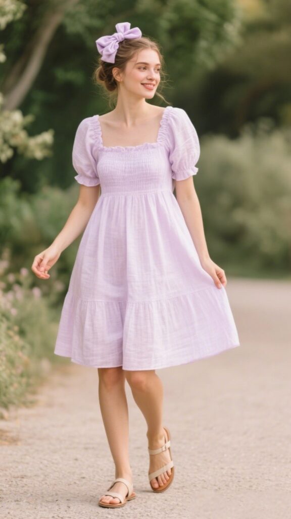 8. Pastel Linen Babydoll Dress + Scrunchie + Flat Sandals 🩰🎀🩷