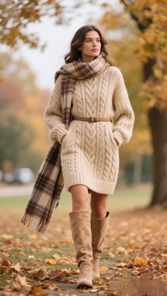 1. 🍁 Cozy Knit & Knee-High Elegance
