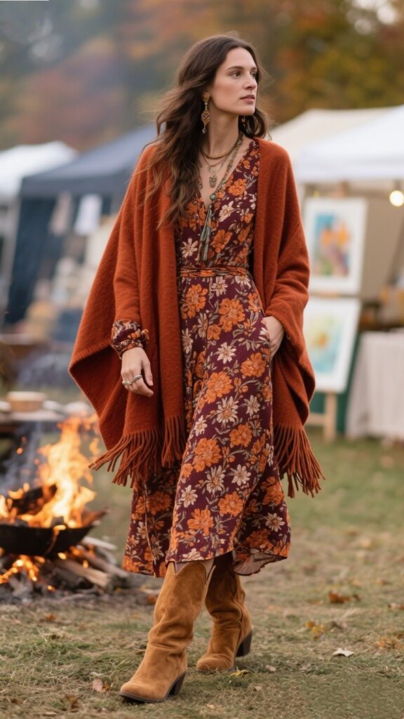 3. 🍂 Boho Layers & Suede Boots
