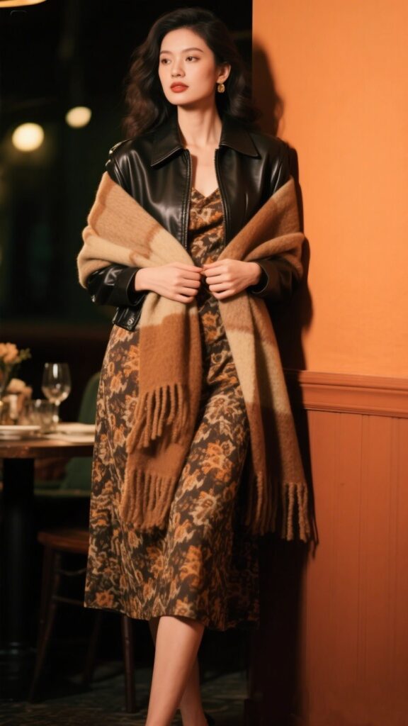 8. Midi Dress + Leather Jacket + Blanket Scarf π€