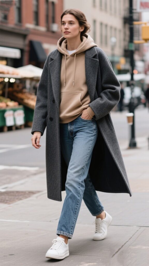 5. Hoodie + Long Wool Coat Street Style 🏙️