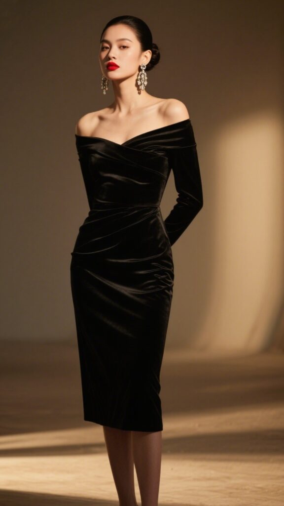 5. The Off-Shoulder Black Dress – “The Modern Goddess”