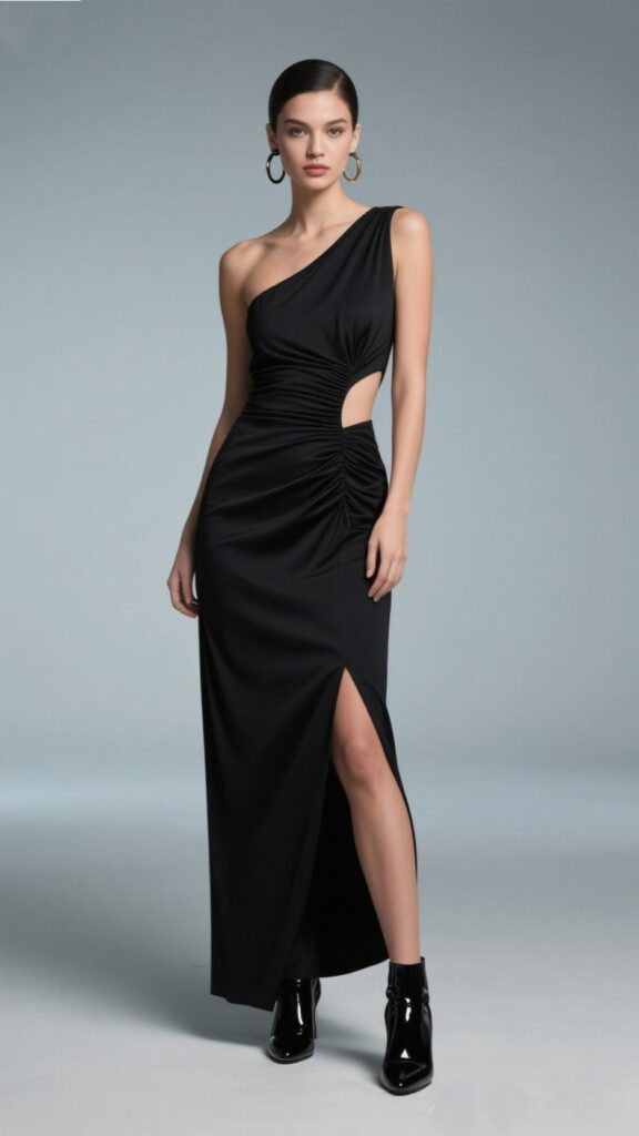 9. The One-Shoulder Black Dress – “Sculpted in Shadow”