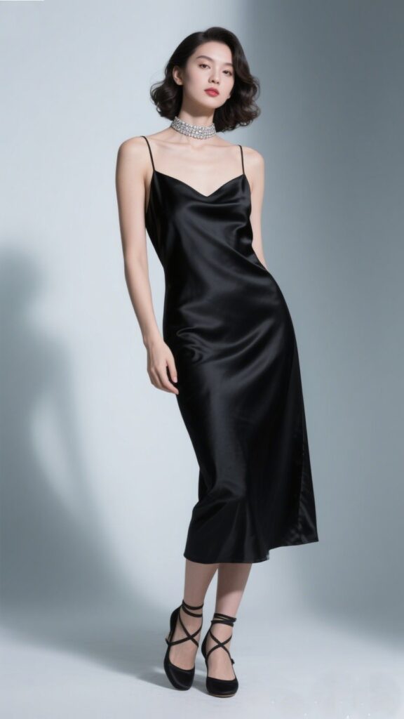 2. The Satin Black Slip Dress – “Liquid Noir”