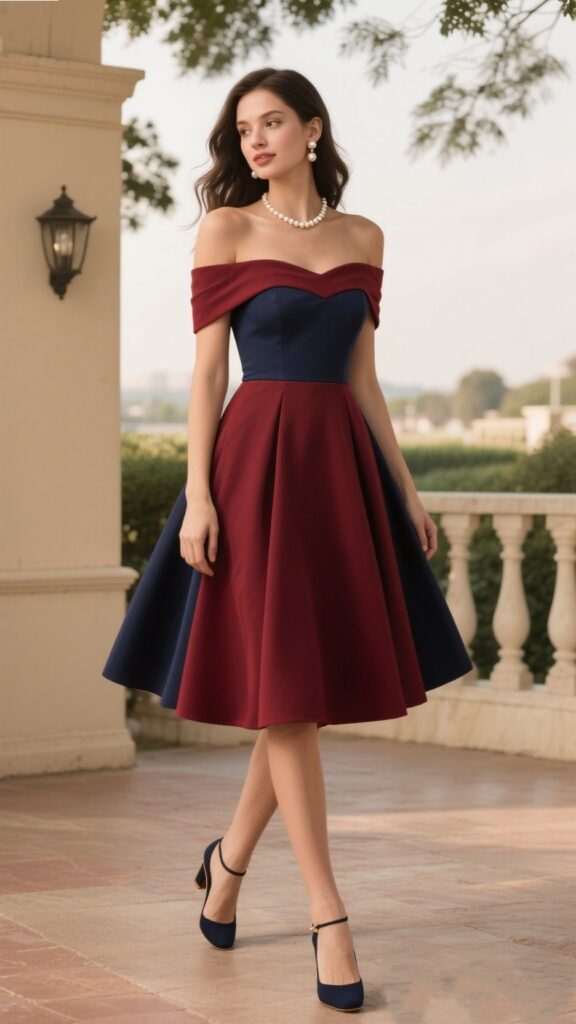9. The Off-Shoulder Fit-and-Flare Dress – “Classic Charm”