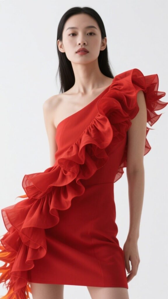 10. The Red Ruffle One-Shoulder Dress – “Bold Movement”