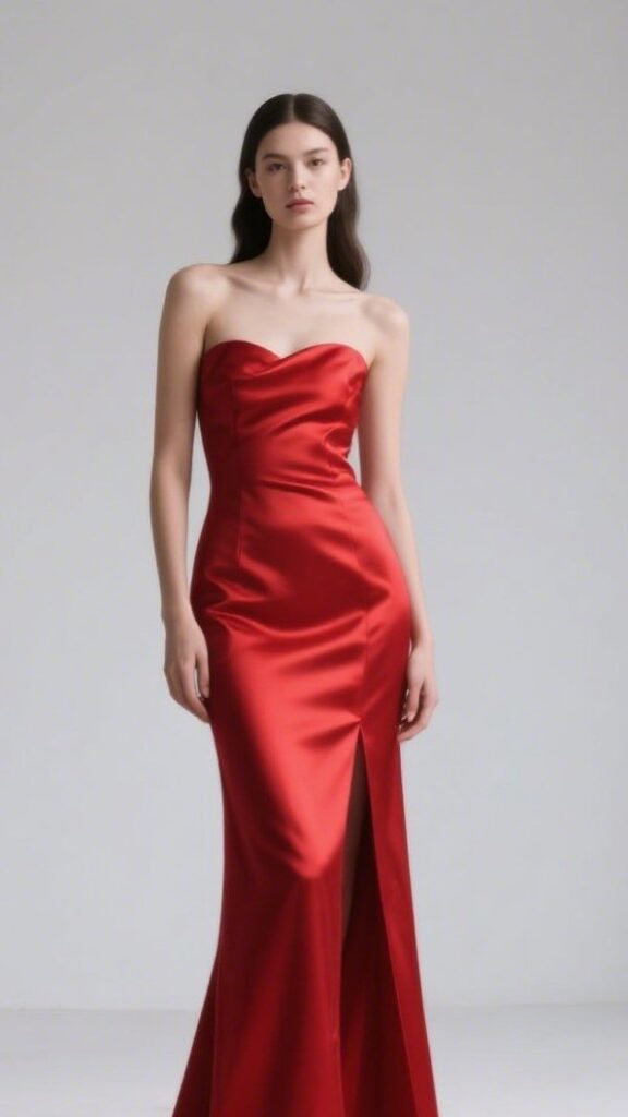 7. The Strapless Red Satin Gown – “Modern Goddess”