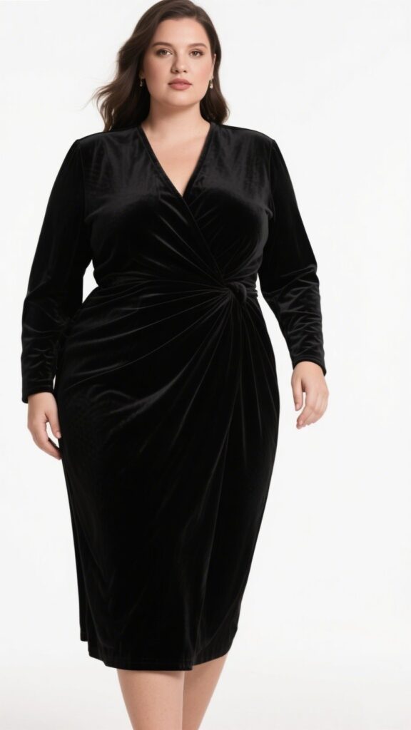 6. The Velvet Wrap Midi – “Luxe Texture, Effortless Fit”