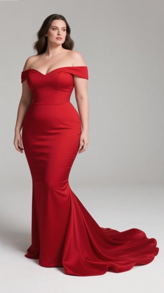 2. The Off-Shoulder Mermaid Gown – “Sculpted in Scarlet”