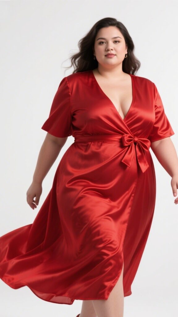 1. The Red Satin Wrap Dress – “Sleek Confidence”