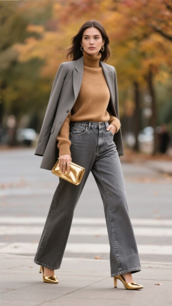 6. Denim + Cashmere + Metallic Accents 🍁💎