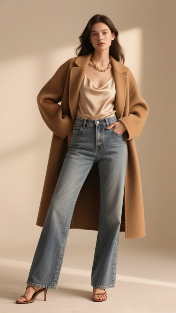 3. High-Waisted Denim + Satin Camisole + Longline Coat 🥂🖤