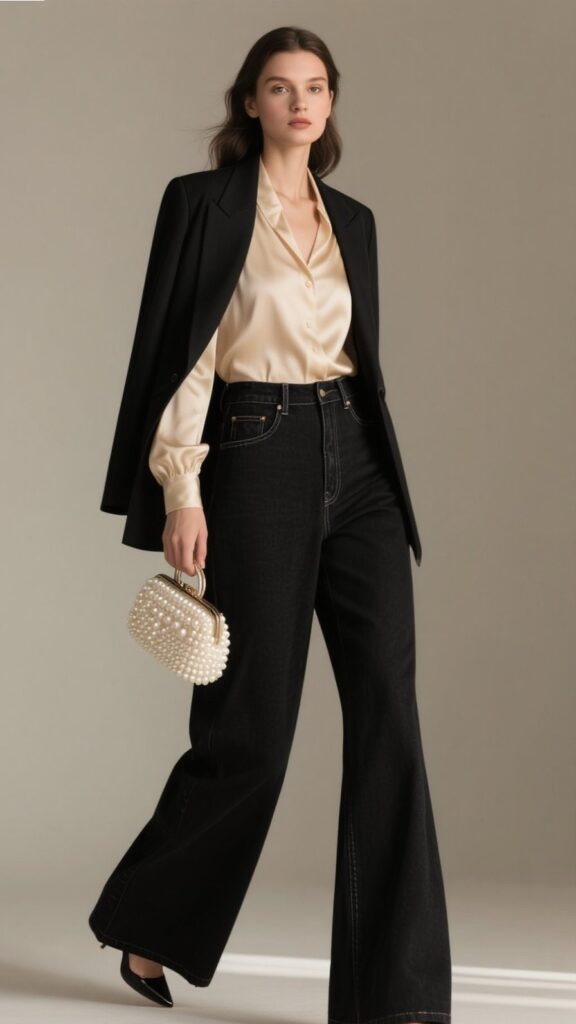 1. Midnight Black Wide-Legs + Silk Blouse Elegance 🌙✨